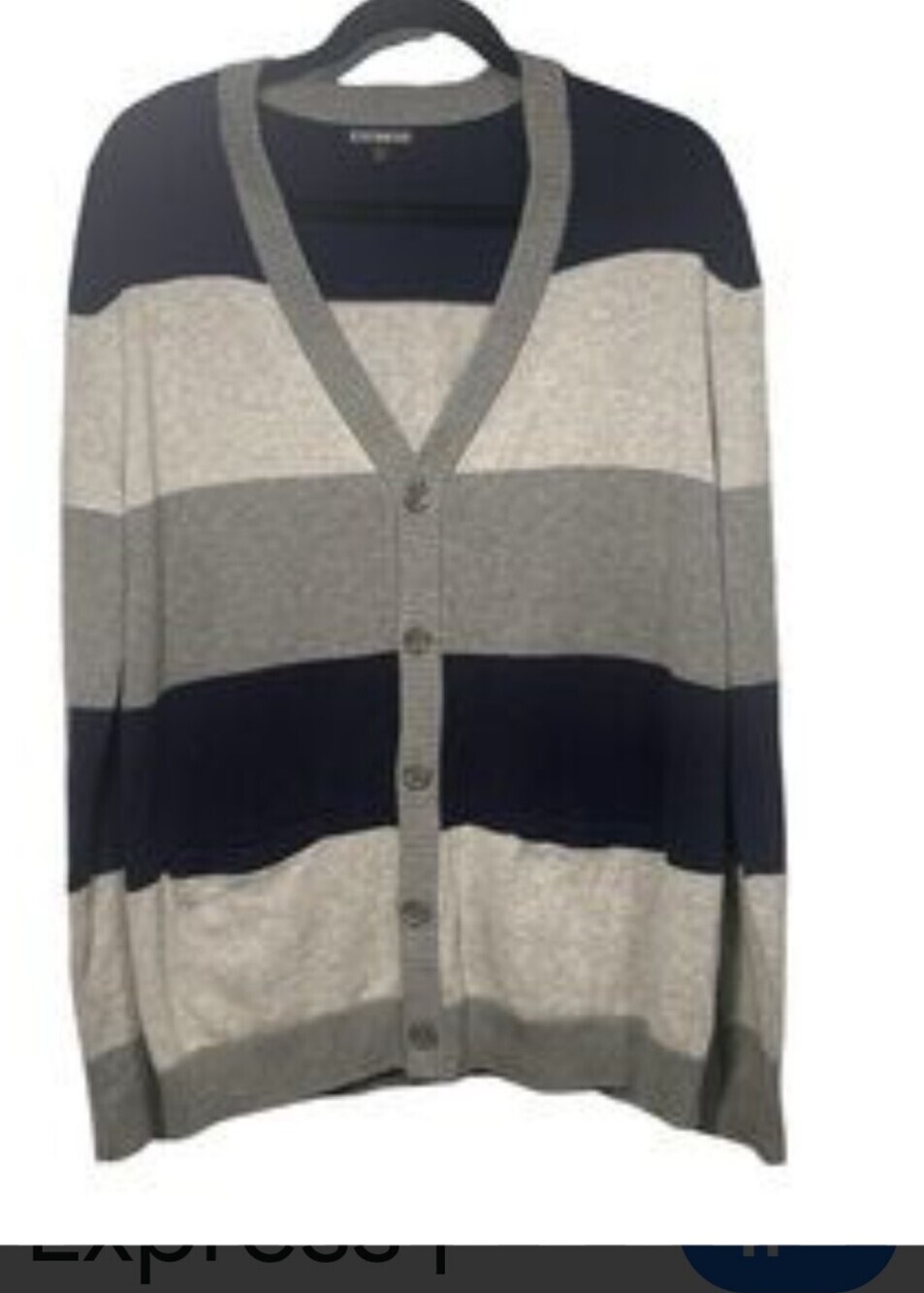 Striped V-Neck Button Cardigan Sweater - Gray & Navy